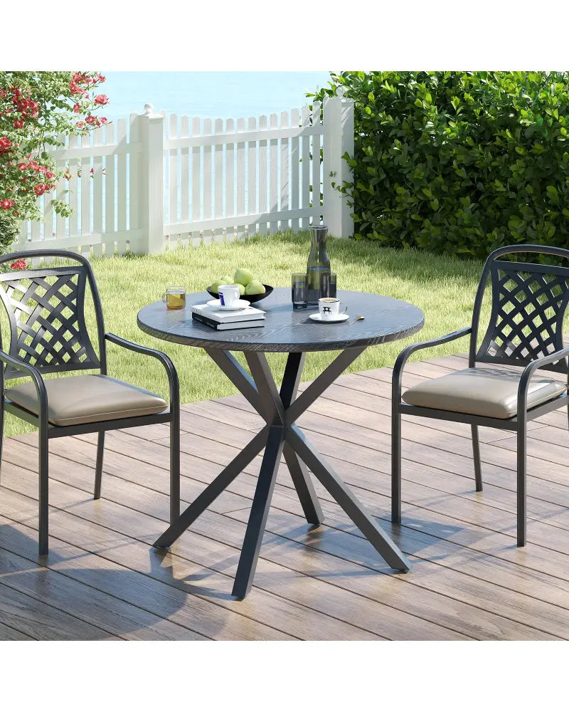 33.5 Inch Round Patio Bistro Table with Wood-Like Top and X-Shaped Legs-Gray - Gray - Patio Dining Tables