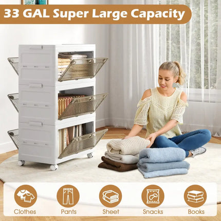 33 Gal 3-Pack Stackable Plastic Storage Bins with Lid for Bedroom Living Room-White Costway