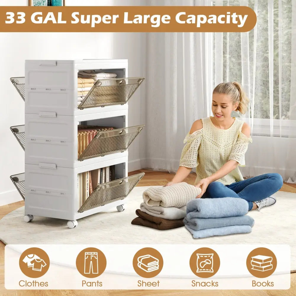 33 Gal 3-Pack Stackable Plastic Storage Bins with Lid for Bedroom Living Room-White Costway
