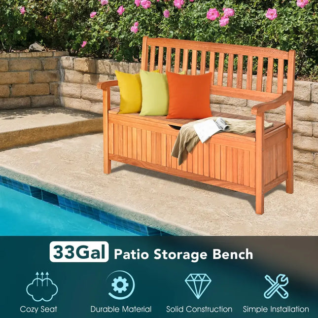 33 Gallon Wooden Storage Bench with Liner for Patio Garden Porch - Natural - Outdoor Benches