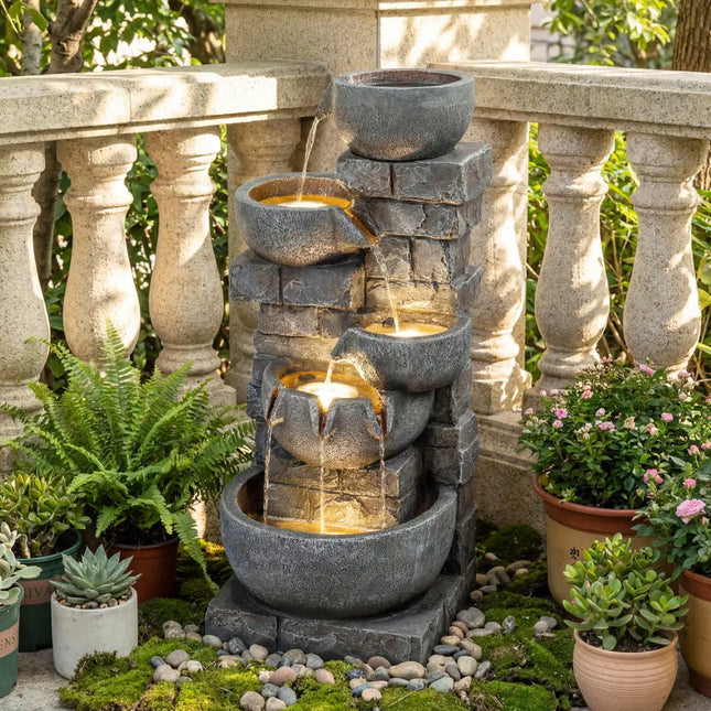 33’’ H Outdoor Water Fountain with LED Lights for Patio - Gray - Outdoor Decor