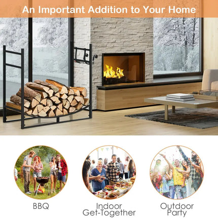 33 Inch Firewood Rack with Removable Kindling Holder Steel Fireplace Wood - Black - Log Storage