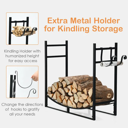 33 Inch Firewood Rack with Removable Kindling Holder Steel Fireplace Wood - Black - Log Storage