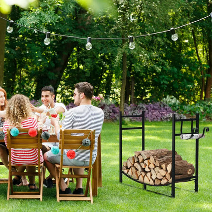 33 Inch Firewood Rack with Removable Kindling Holder Steel Fireplace Wood - Black - Log Storage