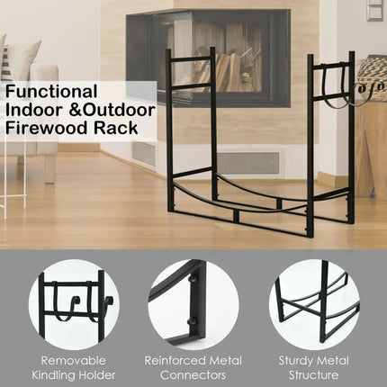 33 Inch Firewood Rack with Removable Kindling Holder Steel Fireplace Wood - Black - Log Storage