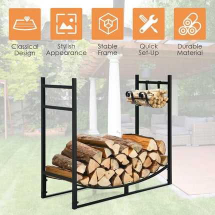 33 Inch Firewood Rack with Removable Kindling Holder Steel Fireplace Wood - Black - Log Storage