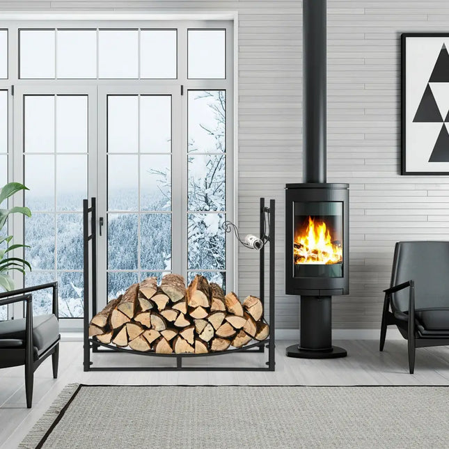 33 Inch Firewood Rack with Removable Kindling Holder Steel Fireplace Wood - Black - Log Storage