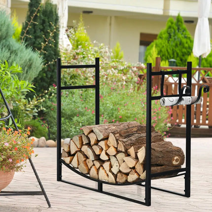 33 Inch Firewood Rack with Removable Kindling Holder Steel Fireplace Wood - Black - Log Storage