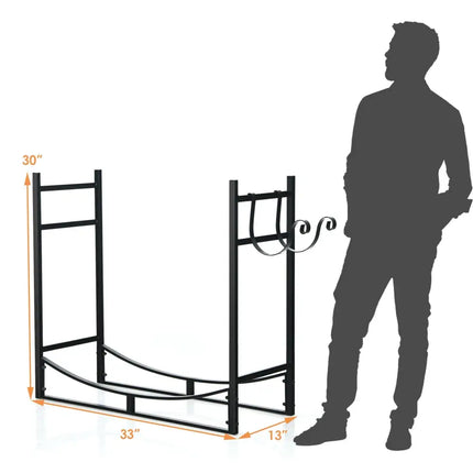 33 Inch Firewood Rack with Removable Kindling Holder Steel Fireplace Wood - Black - Log Storage