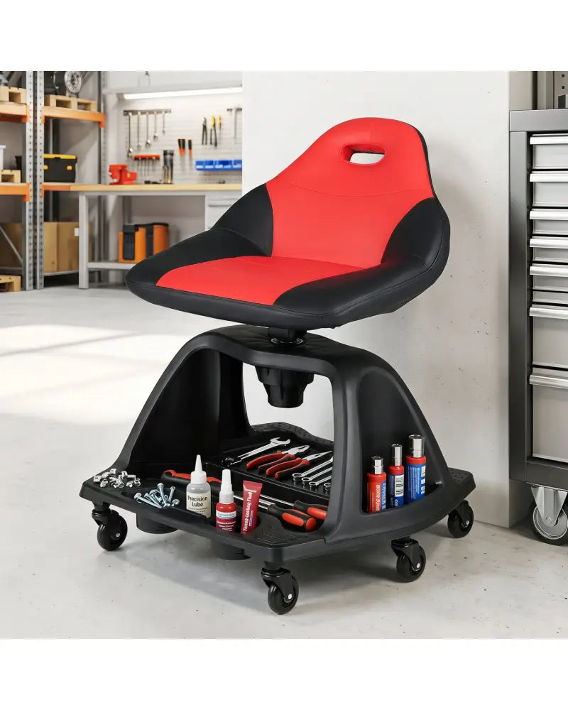 330 LBS Capacity Garage Mechanic Stool Seat with Backrest 6 Universal Wheels and Tool Tray Storage-Red - Red - Garages