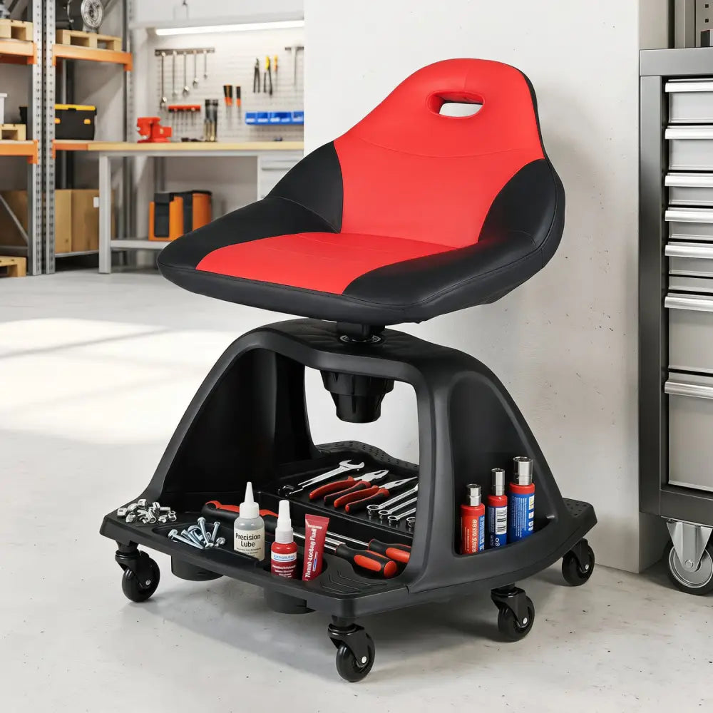 330 LBS Capacity Garage Mechanic Stool Seat with Backrest 6 Universal Wheels and Tool Tray Storage-Red - Red - Garages