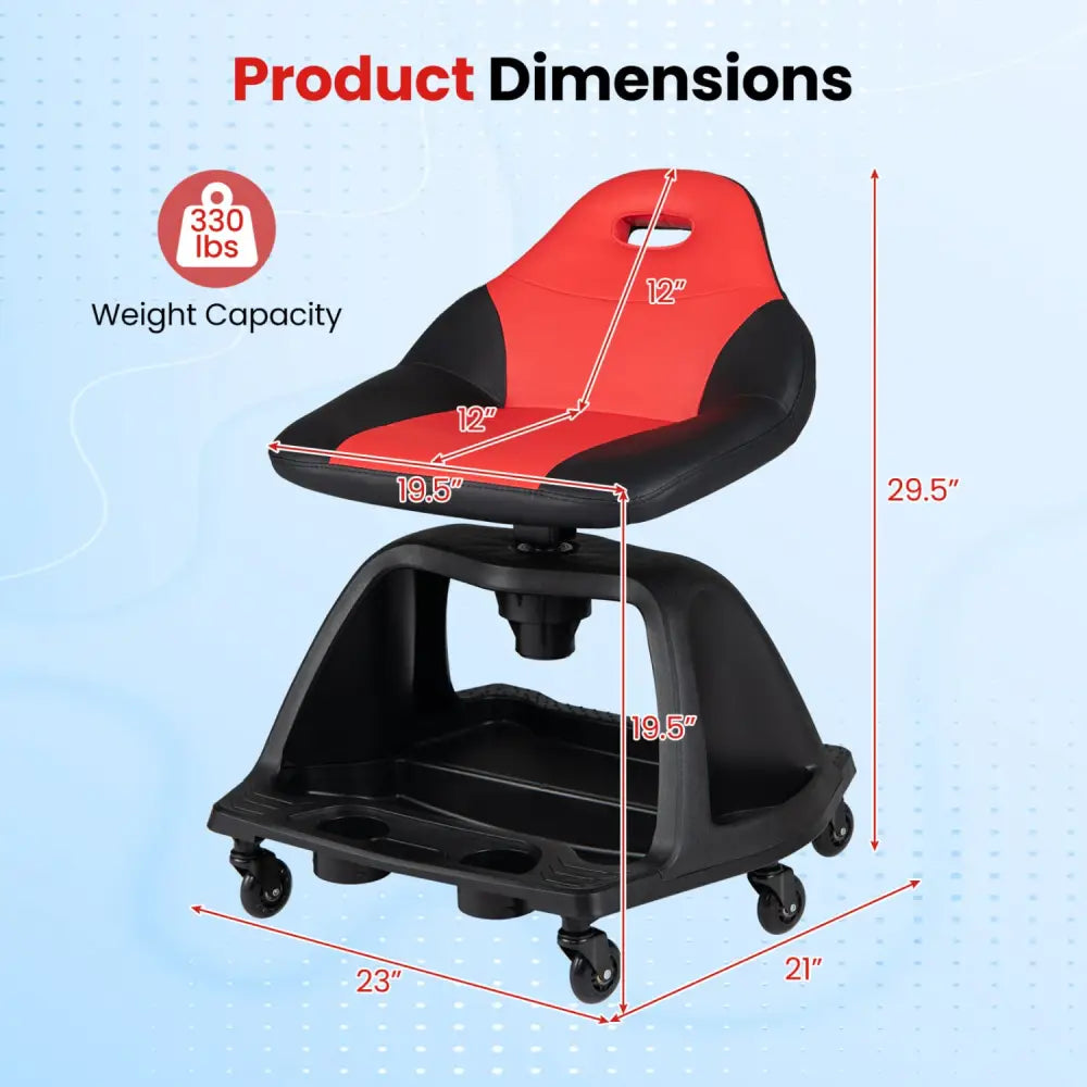 330 LBS Capacity Garage Mechanic Stool Seat with Backrest 6 Universal Wheels and Tool Tray Storage-Red - Red - Garages