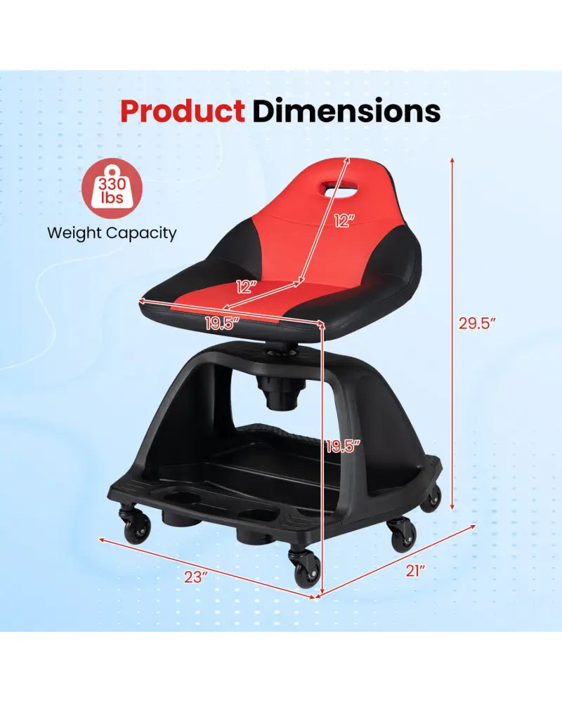 330 LBS Capacity Garage Mechanic Stool Seat with Backrest 6 Universal Wheels and Tool Tray Storage-Red - Red - Garages