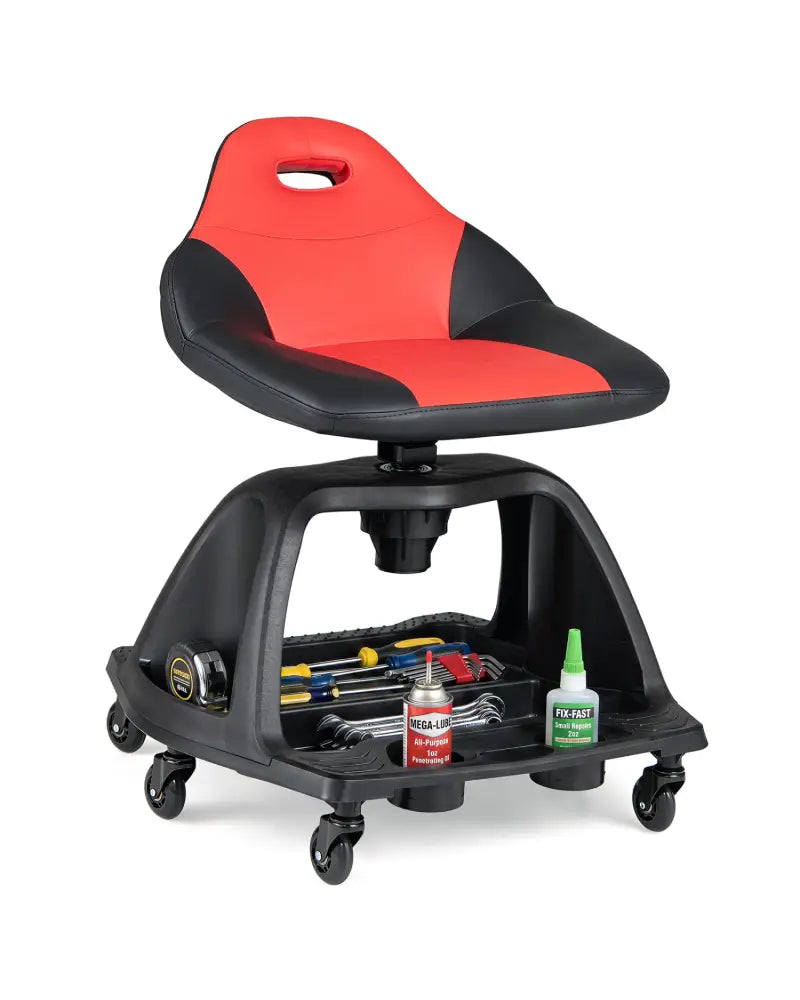 330 LBS Capacity Garage Mechanic Stool Seat with Backrest 6 Universal Wheels and Tool Tray Storage-Red - Red - Garages