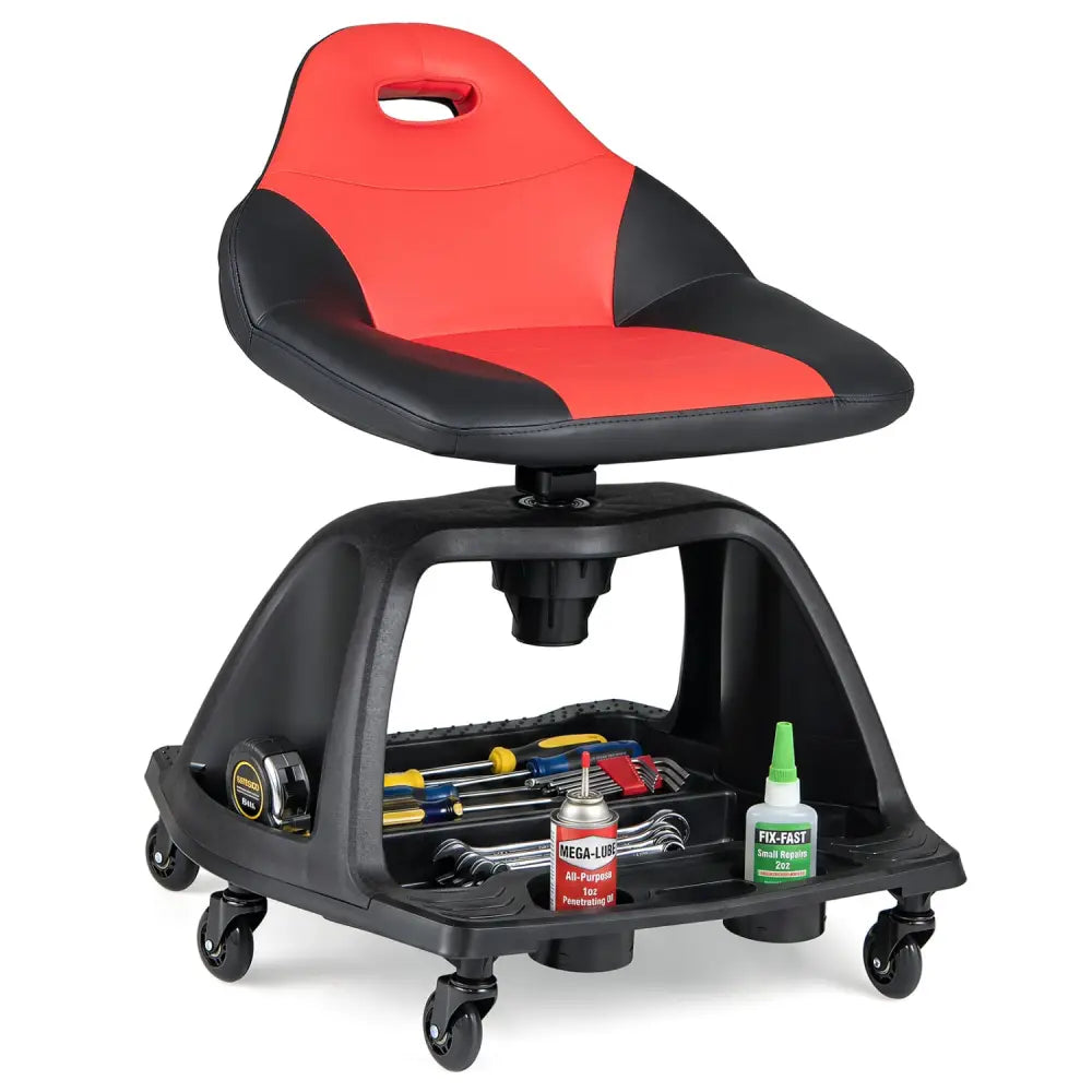 330 LBS Capacity Garage Mechanic Stool Seat with Backrest 6 Universal Wheels and Tool Tray Storage-Red - Red - Garages