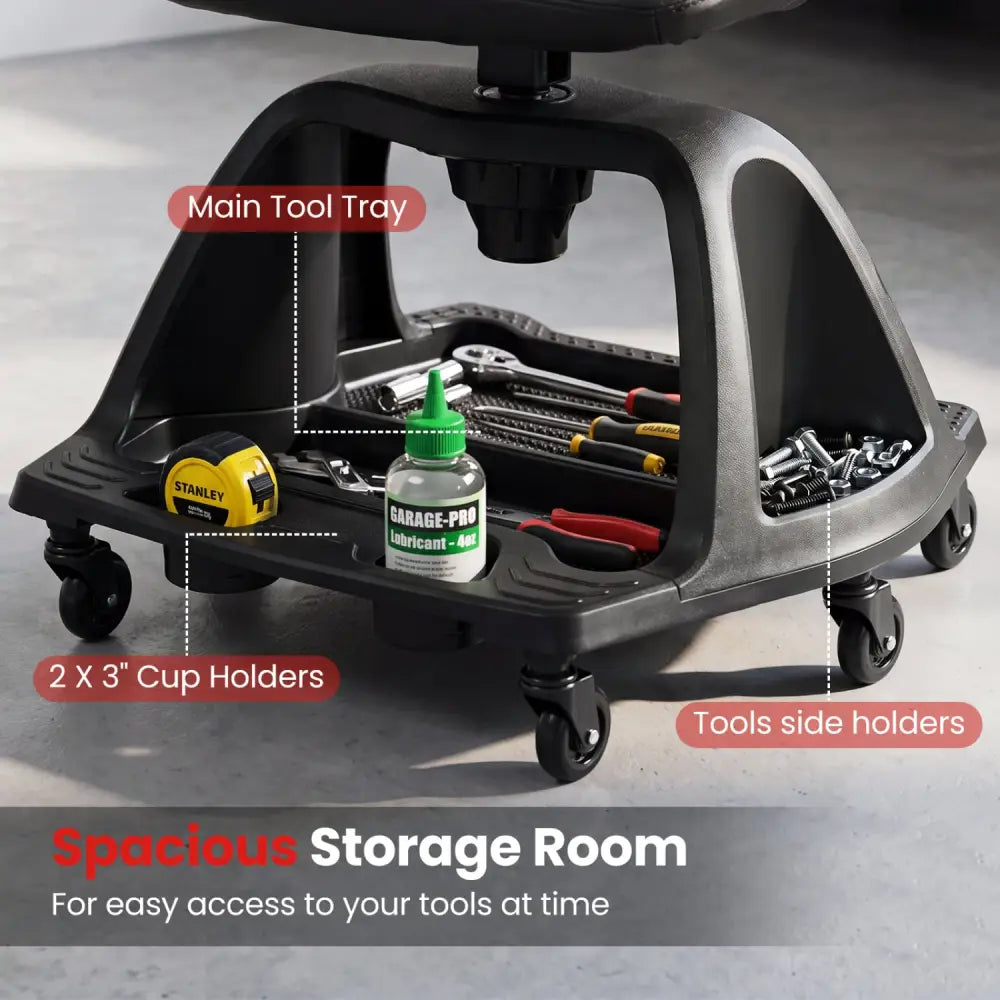 330 LBS Capacity Garage Mechanic Stool Seat with Backrest 6 Universal Wheels and Tool Tray Storage-Red - Red - Garages