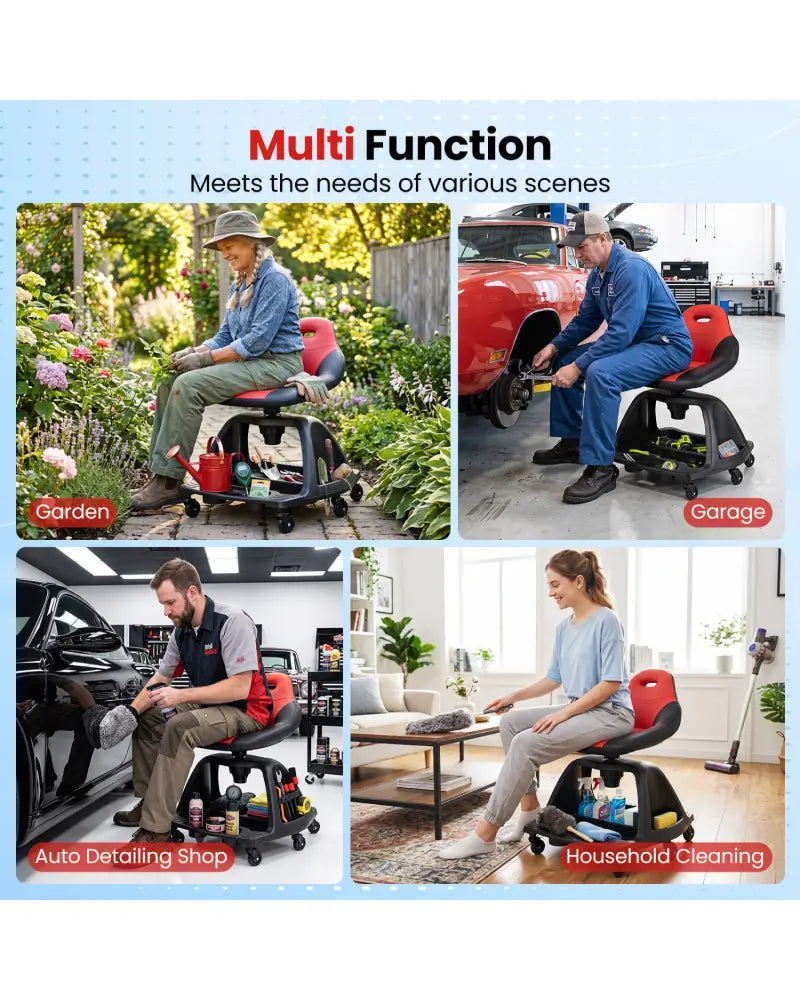 330 LBS Capacity Garage Mechanic Stool Seat with Backrest 6 Universal Wheels and Tool Tray Storage-Red - Red - Garages