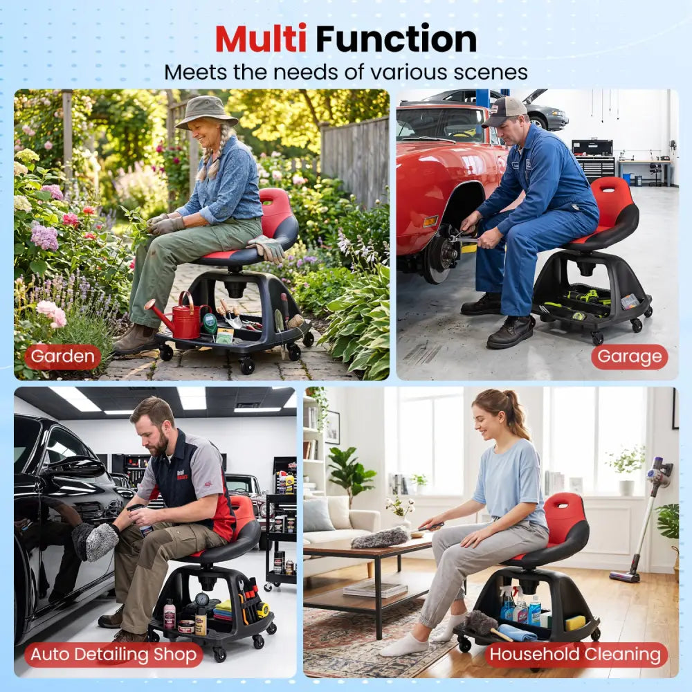 330 LBS Capacity Garage Mechanic Stool Seat with Backrest 6 Universal Wheels and Tool Tray Storage-Red - Red - Garages