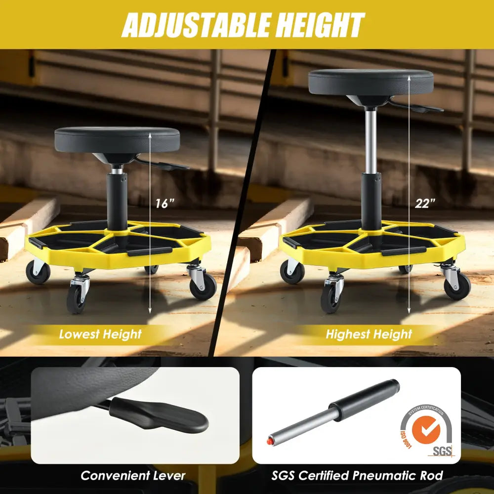 330 LBS Capacity Pneumatic Rolling Mechanic Stool with Padded Seat-Yellow - Yellow - Garages