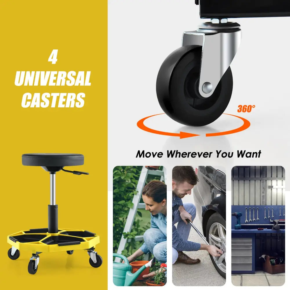 330 LBS Capacity Pneumatic Rolling Mechanic Stool with Padded Seat-Yellow - Yellow - Garages