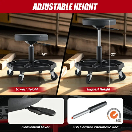 330 LBS Capacity Pneumatic Rolling Mechanic Stool with Padded Seat-Black - Black - Garages