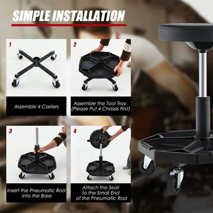 330 LBS Capacity Pneumatic Rolling Mechanic Stool with Padded Seat-Black - Black - Garages