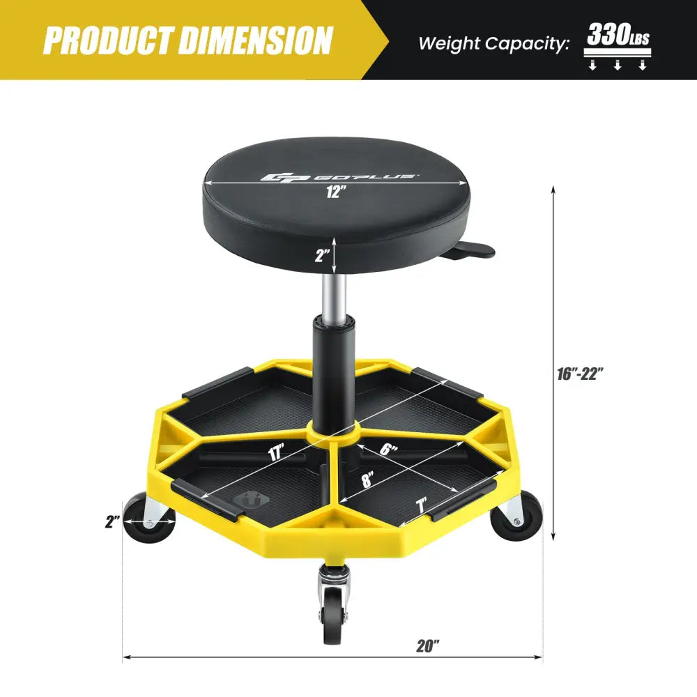 330 LBS Capacity Pneumatic Rolling Mechanic Stool with Padded Seat-Yellow - Yellow - Garages