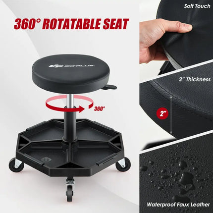 330 LBS Capacity Pneumatic Rolling Mechanic Stool with Padded Seat-Black - Black - Garages