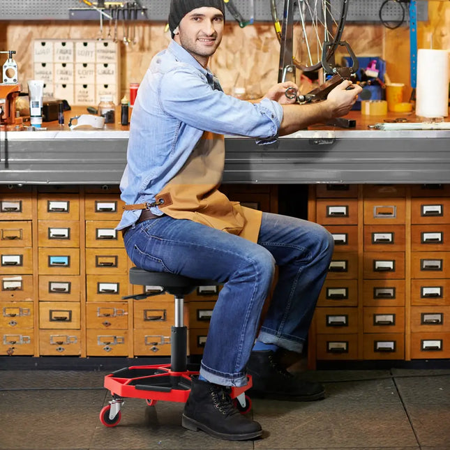 330 LBS Capacity Pneumatic Rolling Mechanic Stool with Padded Seat-Red - Red - Garages