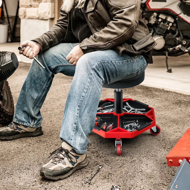 330 LBS Capacity Pneumatic Rolling Mechanic Stool with Padded Seat-Red - Red - Garages
