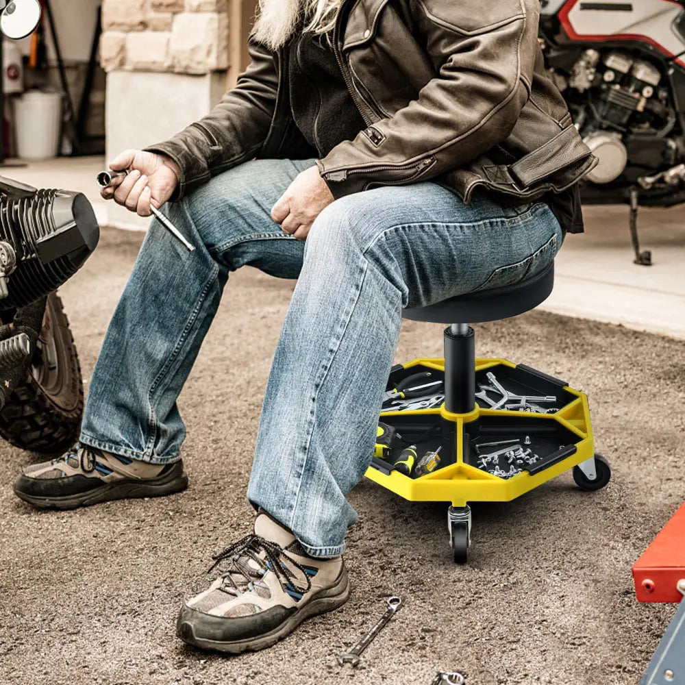 330 LBS Capacity Pneumatic Rolling Mechanic Stool with Padded Seat-Yellow - Yellow - Garages