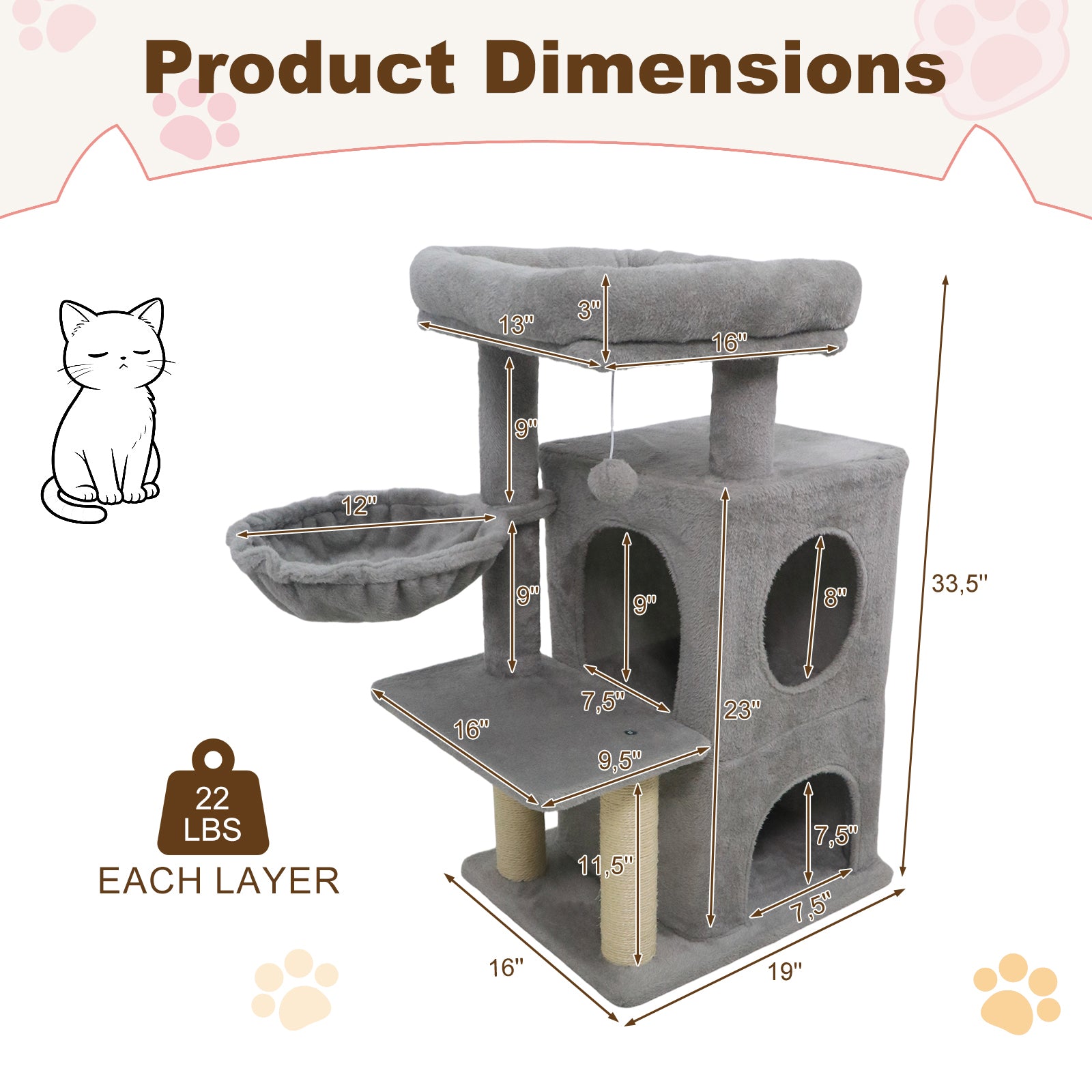 33.5 Inch Cute Kitten Tower with 2-Tier Condo and Padded Top Perch-Light Gray