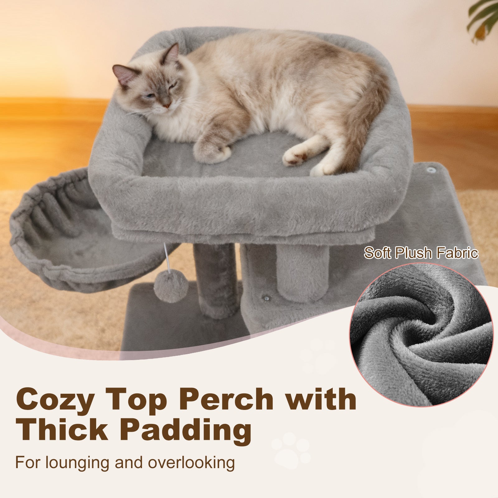 33.5 Inch Cute Kitten Tower with 2-Tier Condo and Padded Top Perch-Light Gray