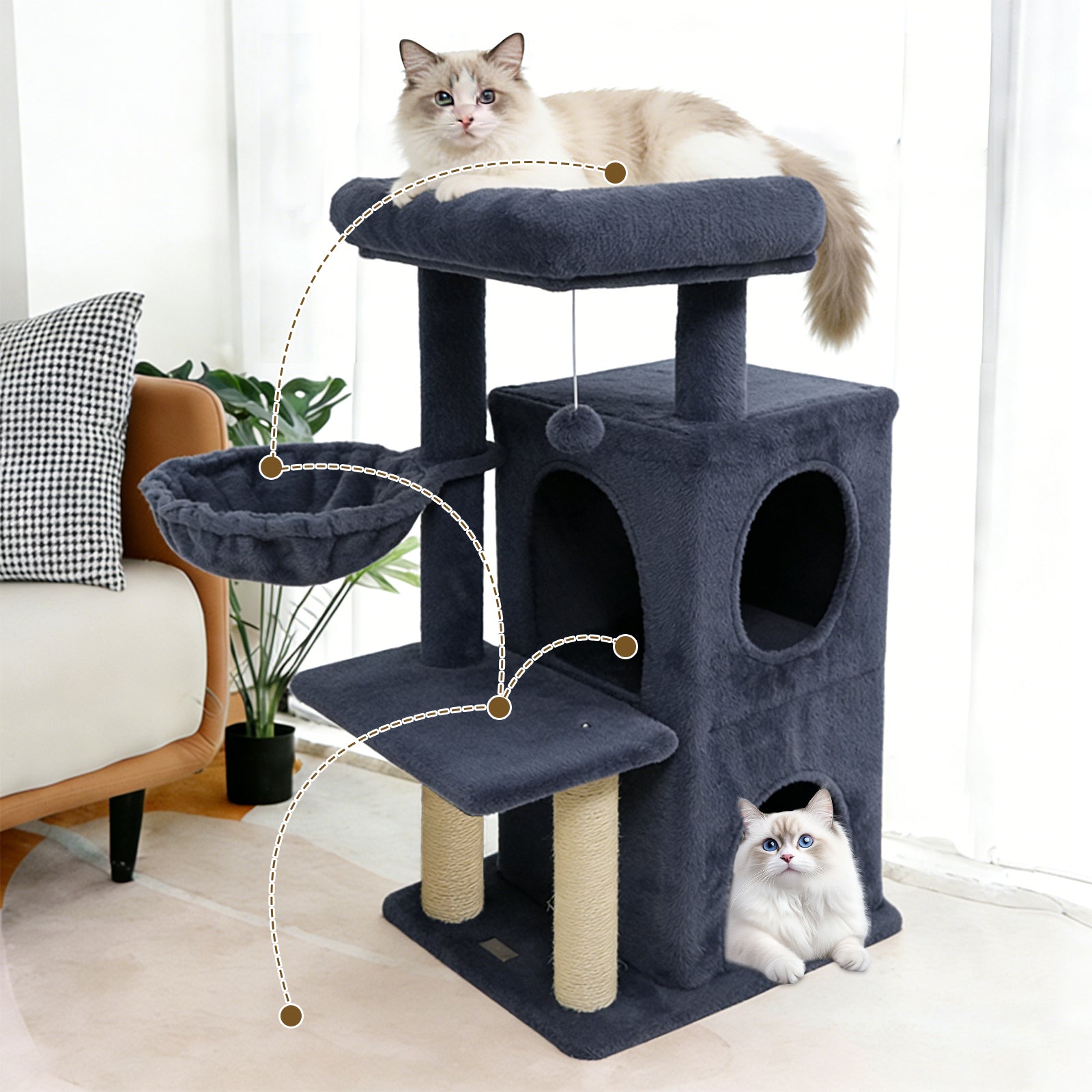 33.5 Inch Cute Kitten Tower with 2-Tier Condo and Padded Top Perch-Dark Gray