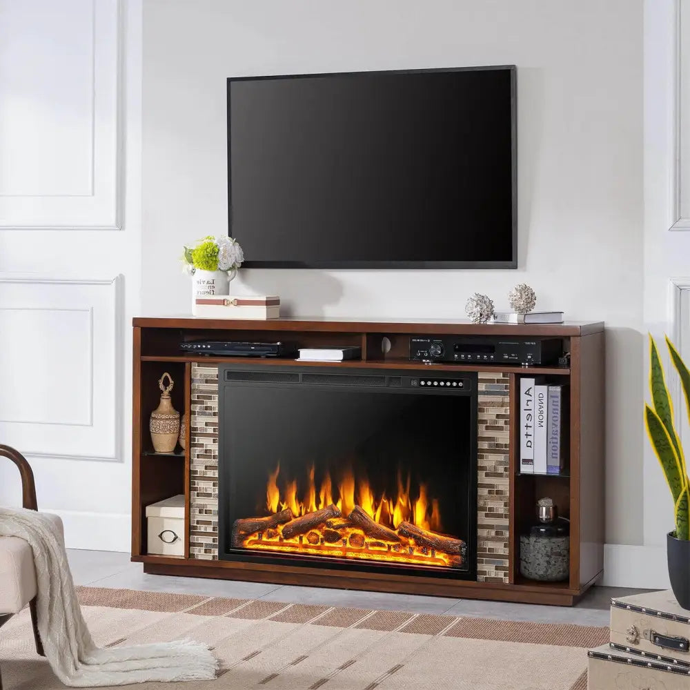 34/37 Inch Electric Fireplace Recessed with Adjustable Flames - Black - Fireplaces