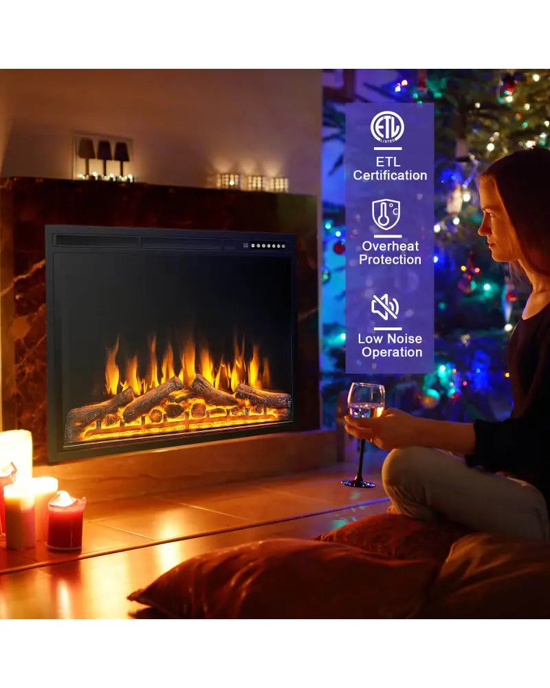34/37 Inch Electric Fireplace Recessed with Adjustable Flames - Black - Fireplaces