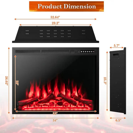 34/37 Inch Electric Fireplace Recessed with Adjustable Flames Costway