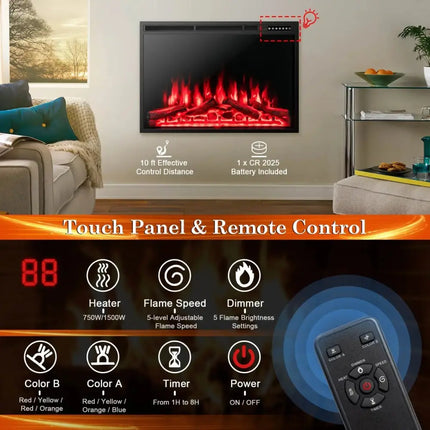 34/37 Inch Electric Fireplace Recessed with Adjustable Flames Costway
