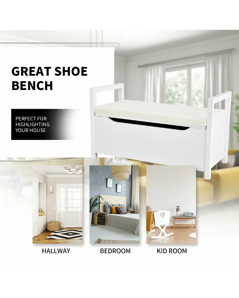 34.5, 15.5, 19.5 Inch Shoe Storage Bench with Cushion Seat for Entryway-White - White - Shoe Racks & Storage Benches