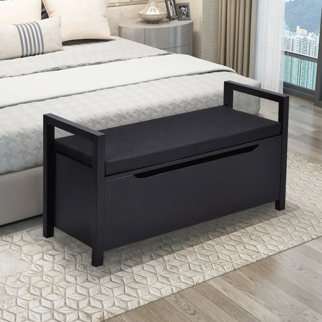 34.5 Ã, 15.5 Ã, 19.5 Inch Shoe Storage Bench with Cushion Seat for Entryway-Black - Black - Shoe Racks & Storage Benches