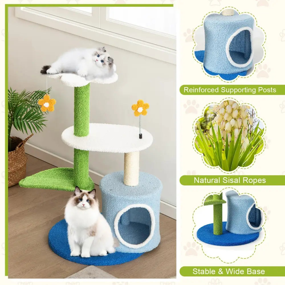 34.5 Inch 4-Tier Cute Cat Tree with Jingling Balls and Condo-Blue - Blue - Cat Trees Condos & Scratchers