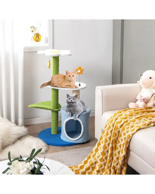 34.5 Inch 4-Tier Cute Cat Tree with Jingling Balls and Condo-Blue - Blue - Cat Trees Condos & Scratchers