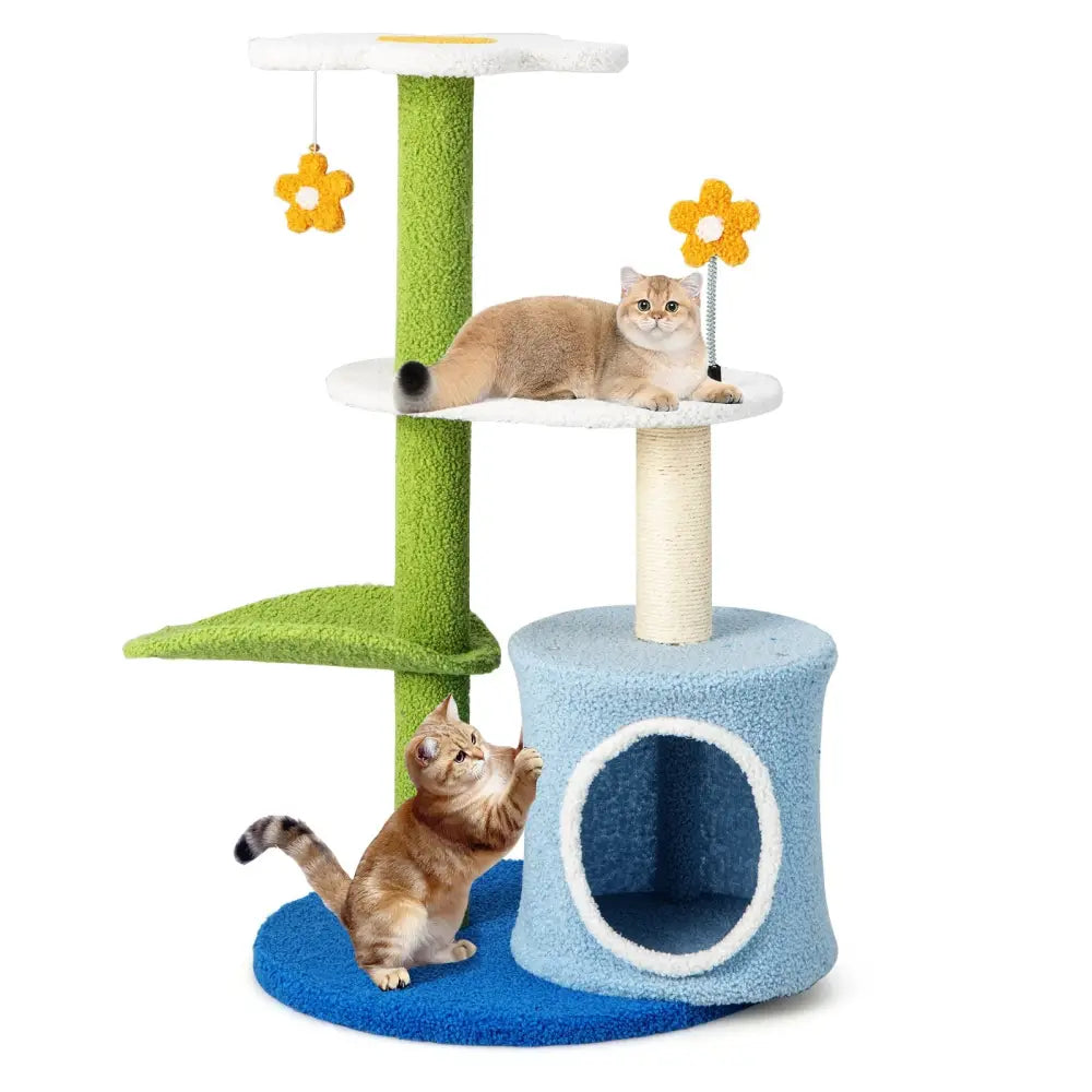 34.5 Inch 4-Tier Cute Cat Tree with Jingling Balls and Condo-Blue - Blue - Cat Trees Condos & Scratchers