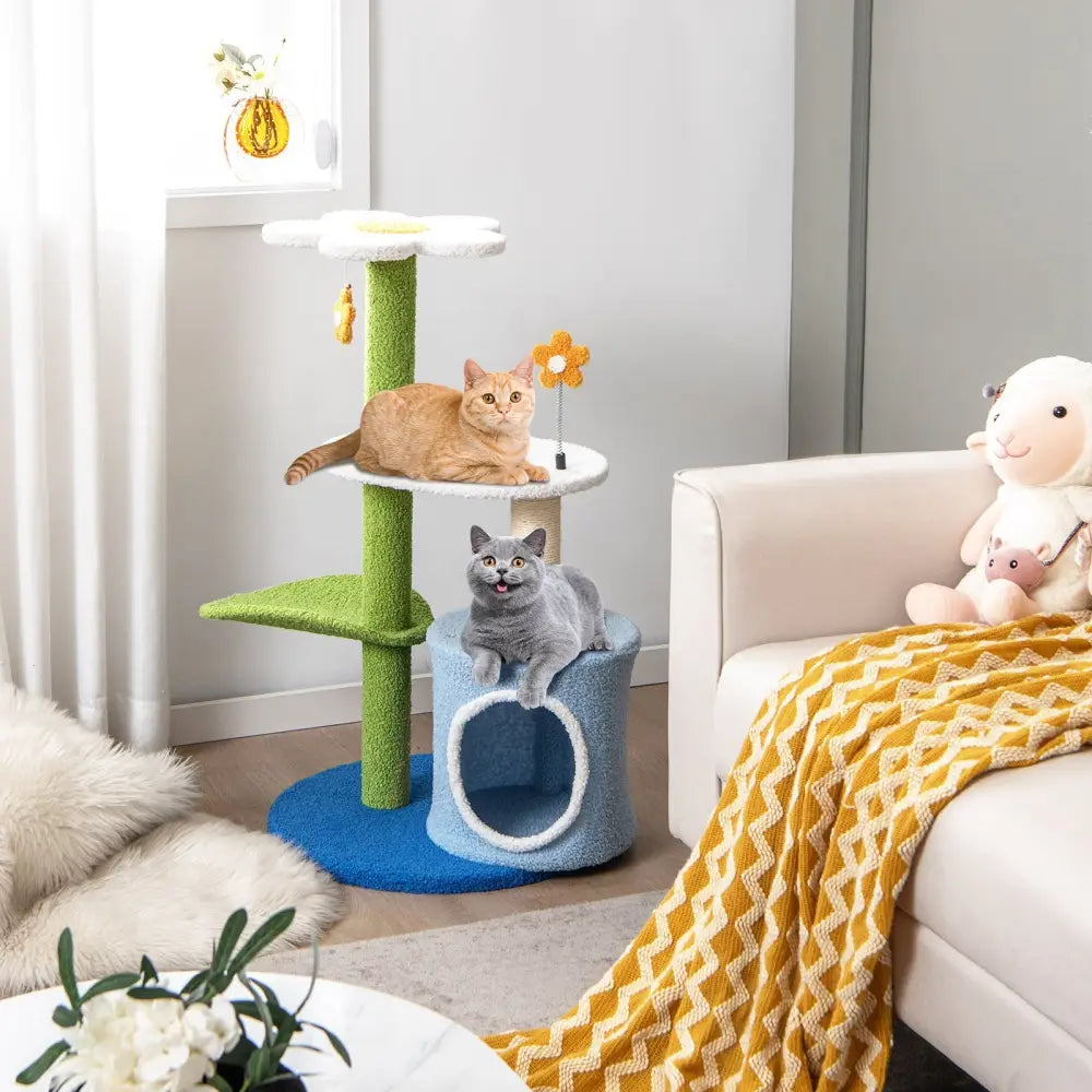 34.5 Inch 4-Tier Cute Cat Tree with Jingling Balls and Condo-Blue - Blue - Cat Trees Condos & Scratchers