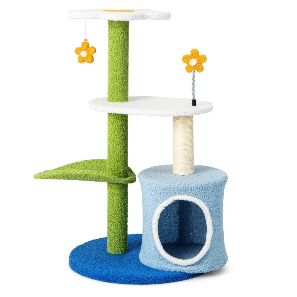 34.5 Inch 4-Tier Cute Cat Tree with Jingling Balls and Condo-Blue - Blue - Cat Trees Condos & Scratchers
