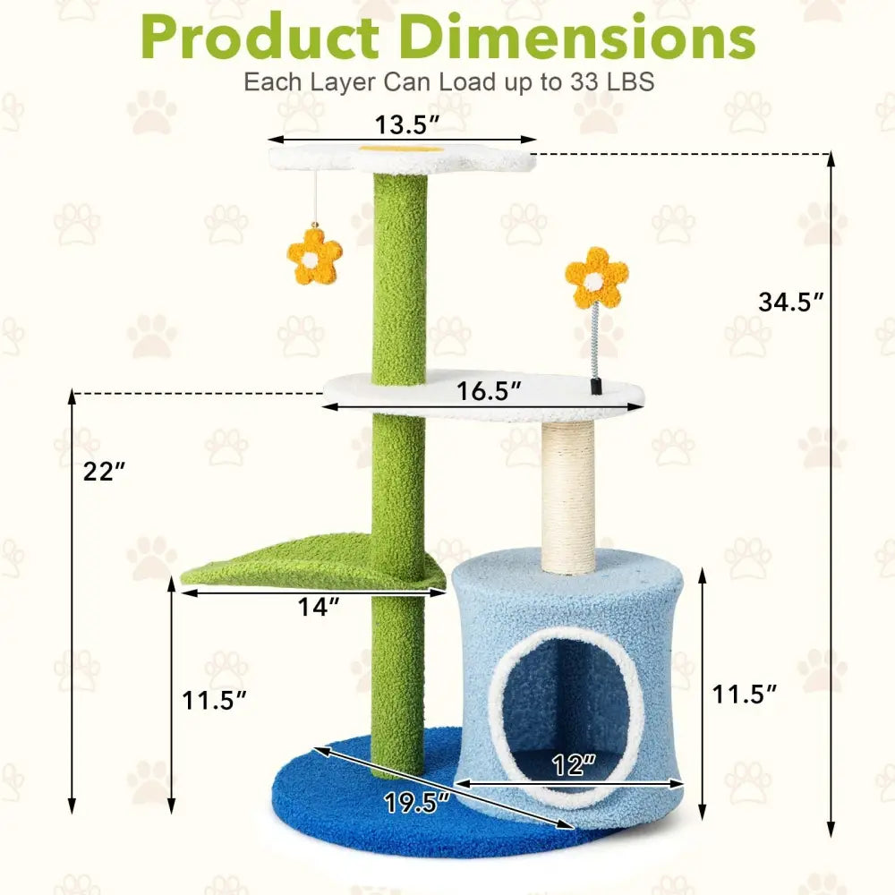 34.5 Inch 4-Tier Cute Cat Tree with Jingling Balls and Condo-Blue - Blue - Cat Trees Condos & Scratchers