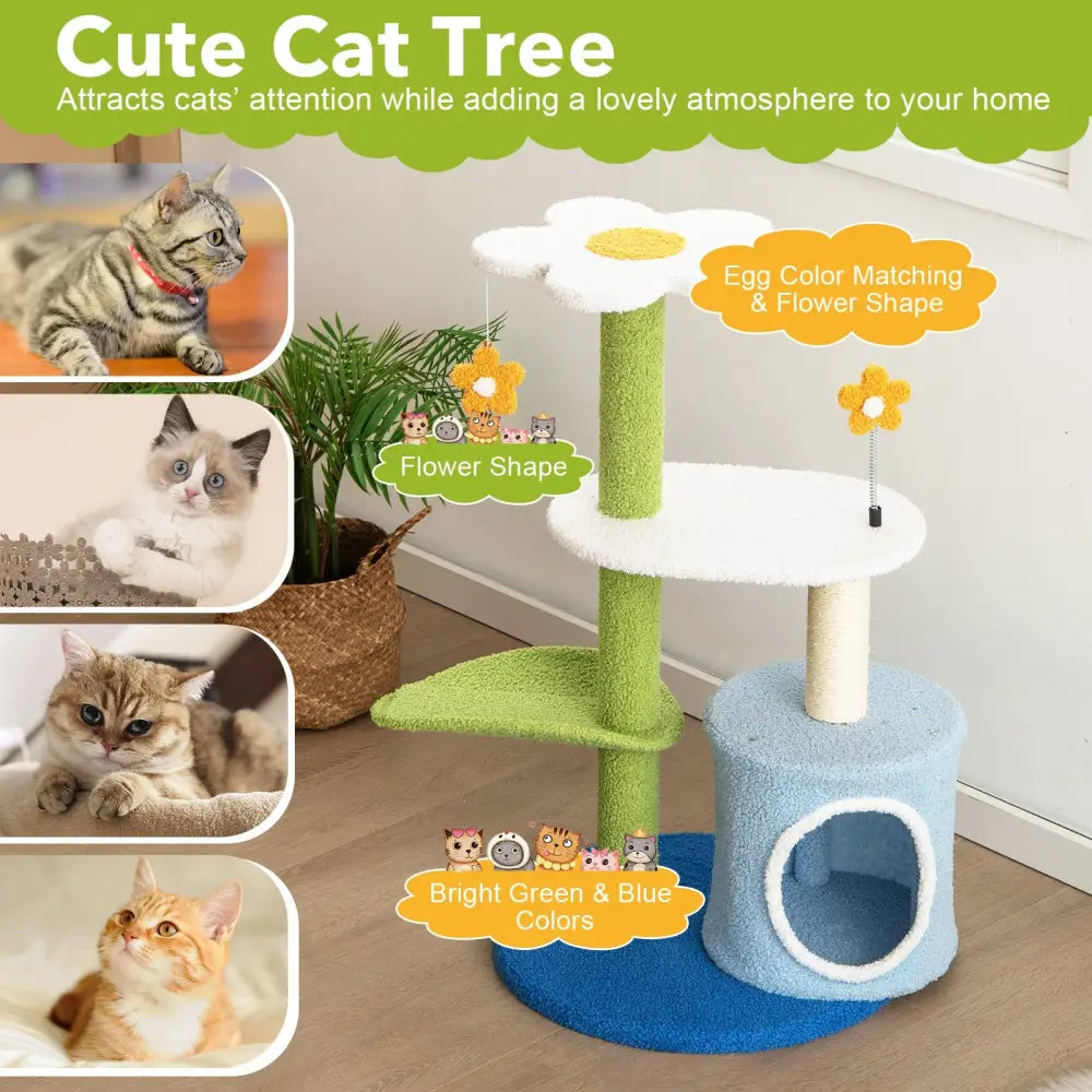 34.5 Inch 4-Tier Cute Cat Tree with Jingling Balls and Condo-Blue - Blue - Cat Trees Condos & Scratchers