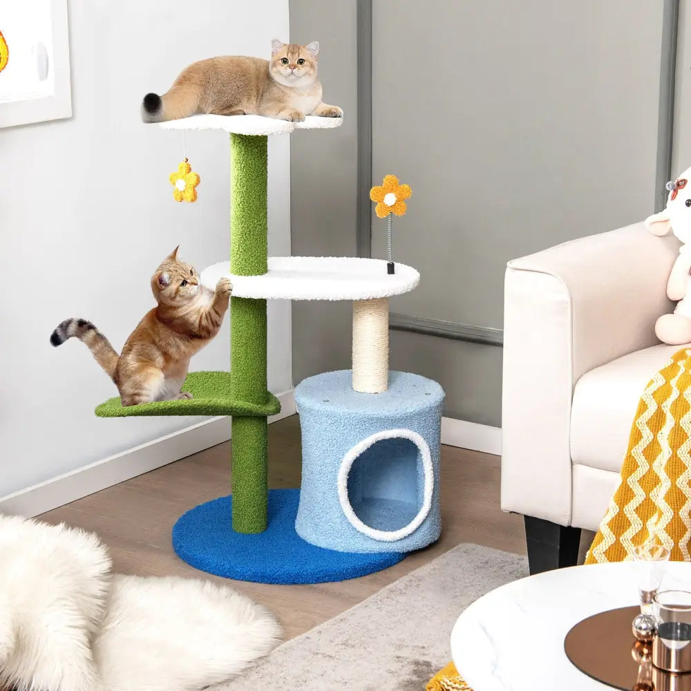 34.5 Inch 4-Tier Cute Cat Tree with Jingling Balls and Condo-Blue - Blue - Cat Trees Condos & Scratchers