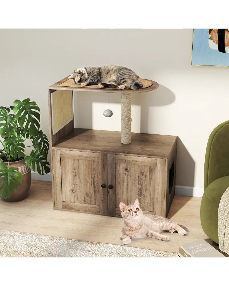34.5 Inch Cat Tree with Litter Box Enclosure with Sisal Scratching Post and Mat-Gray - Gray - Cat Trees Condos &