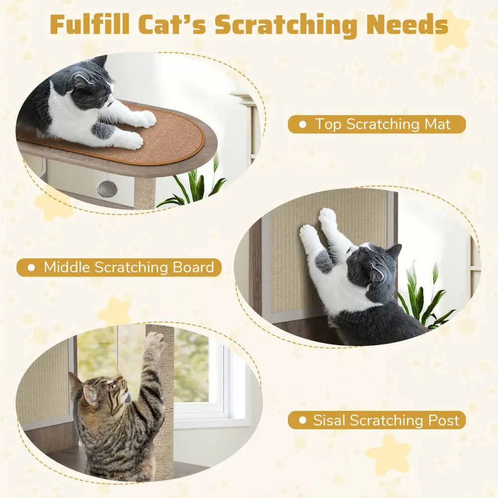 34.5 Inch Cat Tree with Litter Box Enclosure with Sisal Scratching Post and Mat-Gray - Gray - Cat Trees Condos &